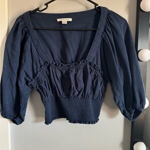 American Eagle Outfitters Navy Blue Bateau Neck Puff Sleeve Blouse